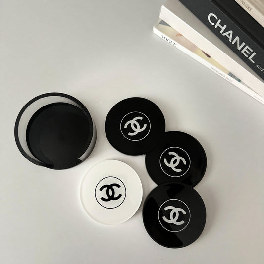 CC Black and White Round Coaster Set with Holder